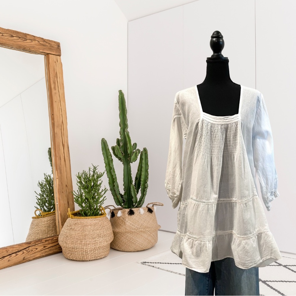 JP and Mattie 3/4 Sleeve Smocked Neck Lightweight Cotton Tunic Top